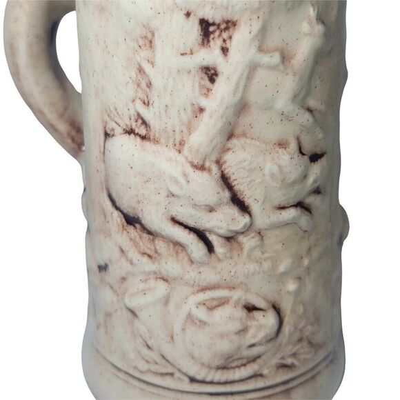 Vintage Large Ceramic Mug Stein With 3D Deer And Fox Handle Signed JES 6.5" Tall - Picture 5 of 11